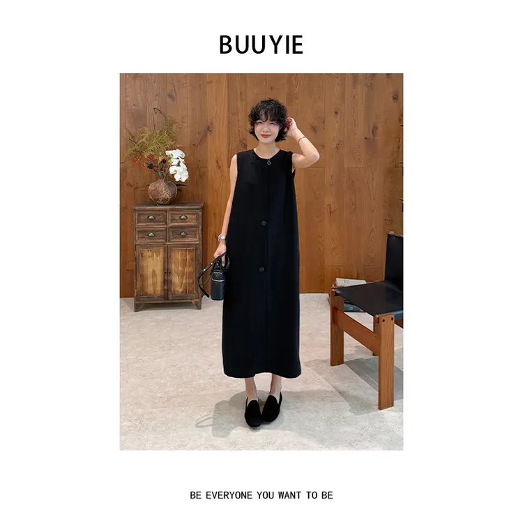 BUUYIE【扶摇】醋酸混纺圆领无袖连衣裙女夏薄款背心连衣裙L06522