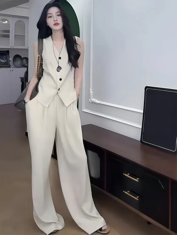 2025巨好看的夏装套装单排扣无袖西装马甲上衣高腰阔腿裤两件套女