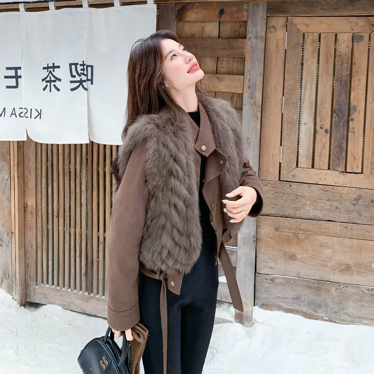 咖色轻熟御姐风真貉子毛马甲套装女2025冬季新款机车羽绒服两件套