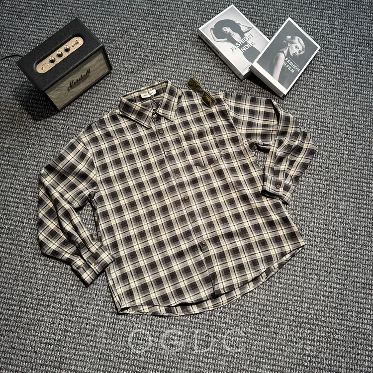 春秋季日系复古慵懒感翻领格子长袖衬衫男士休闲宽松百搭衬衣外套