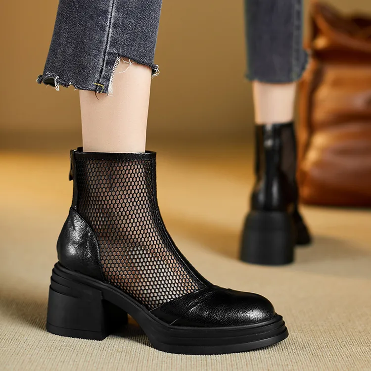 小个子手工女鞋7cm~圆头粗跟透气网纱镂空凉靴夏季舒适百搭网靴女