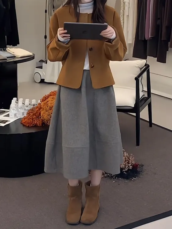 韩版毛呢花苞半身裙女2025秋冬新款小个子高腰显瘦中长蓬蓬伞裙