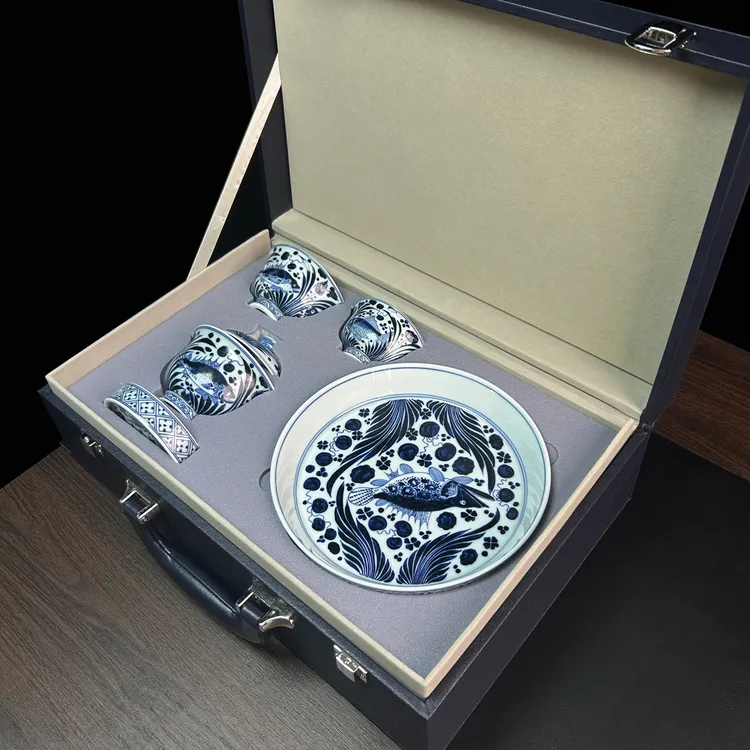 景德镇七承堂青花鱼藻纹盖碗茶杯茶具套装家用送礼高档泡茶器礼盒