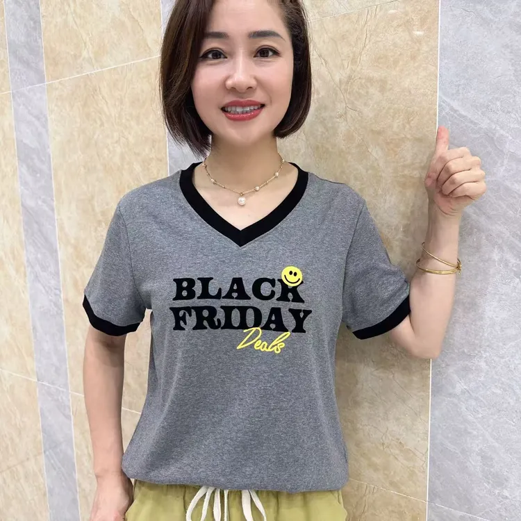 2025夏季女士时尚新款V领洋气显瘦百搭休闲宽松潮流短袖T恤6112