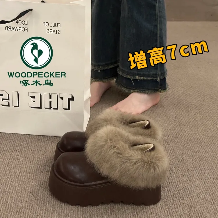 啄木鸟厚底增高加绒皮面勃肯鞋女2025新款冬季毛毛鞋棉鞋乐福鞋子