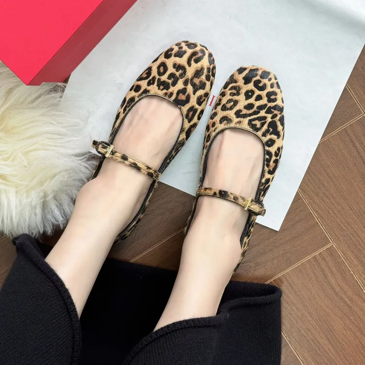 Inking Pot复古豹纹一字带玛丽珍鞋女真皮圆头平底芭蕾单鞋