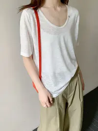 【潘潘.508882】2025年夏竹节麻圆领短袖后背蕾丝拼接纯色针织衫