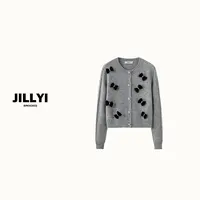 JILLYI【蝴蝶夜曲】灰色圆领满满蝴蝶结装饰少女气质针织开衫