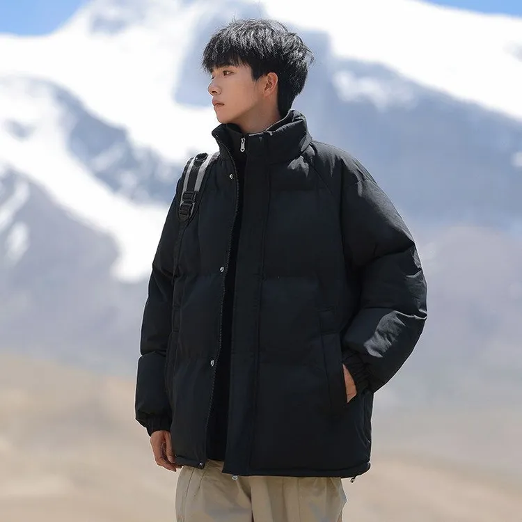 冬季大码男士新款假两件双层领口纯色棉衣抗寒保暖面包服外套