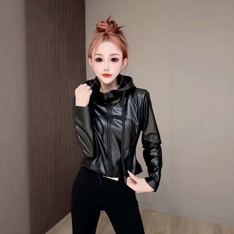 连帽厚款长袖高腰黑色拉链 pu 皮短外套上衣秋季气质常规