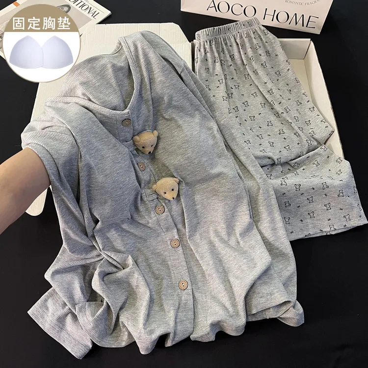 2025年新款睡衣少女灰色韩系ins休闲风带胸垫长袖长裤家居服套装