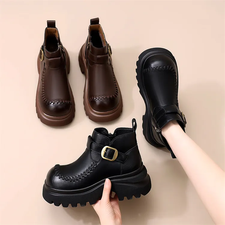 厚底韩版加绒短靴女2025年冬季新款百搭显脚小圆头大棉保暖马丁靴