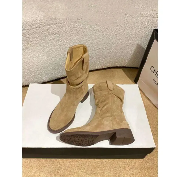 【平增高8cm】美拉德V口堆堆靴女中筒显瘦褶皱复古女靴