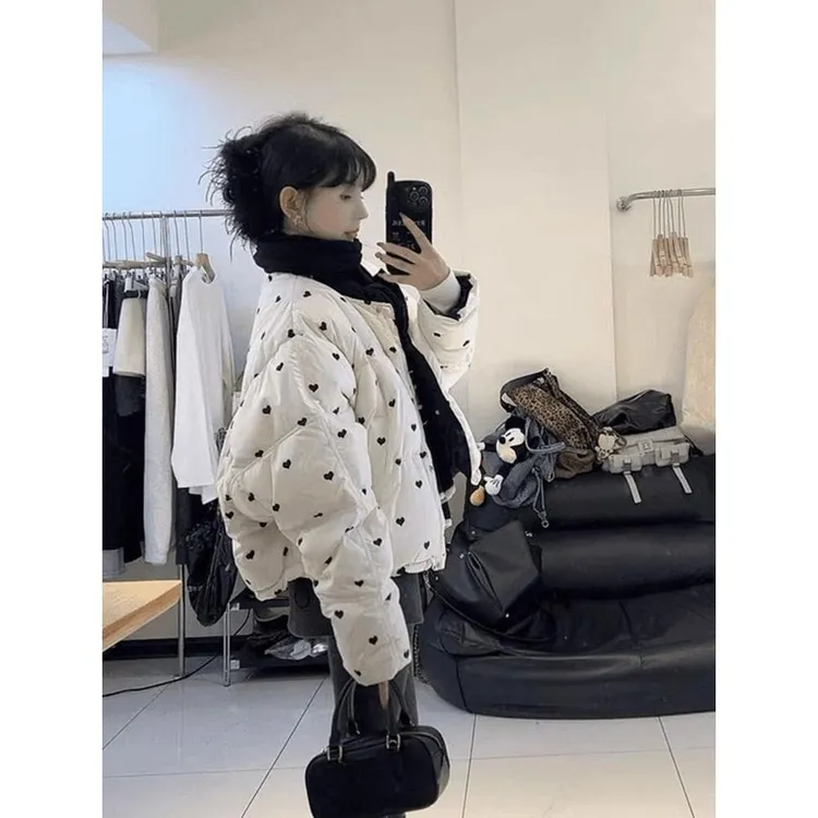 实价韩系白色爱心波点棉服外套女秋冬独特宽松面包服棉衣厚