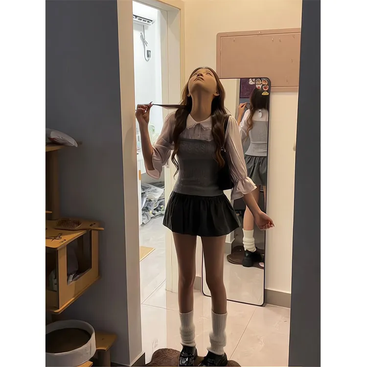 法式花边娃娃领辣妹减龄长袖衬衫女秋季针织拼接上衣显瘦半身裙