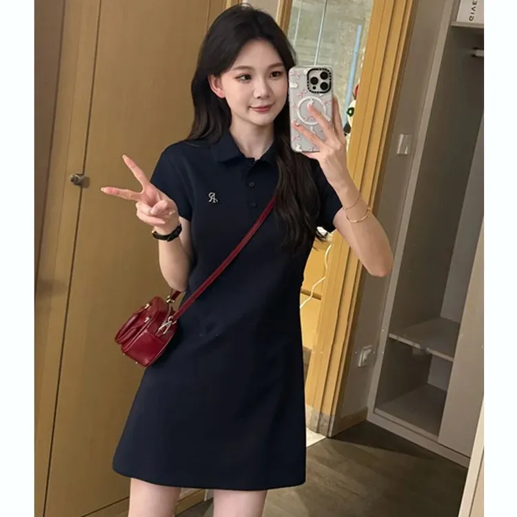 Polo领刺绣t恤裙女夏季收腰显瘦裙子休闲洋气学院风减龄连衣裙潮