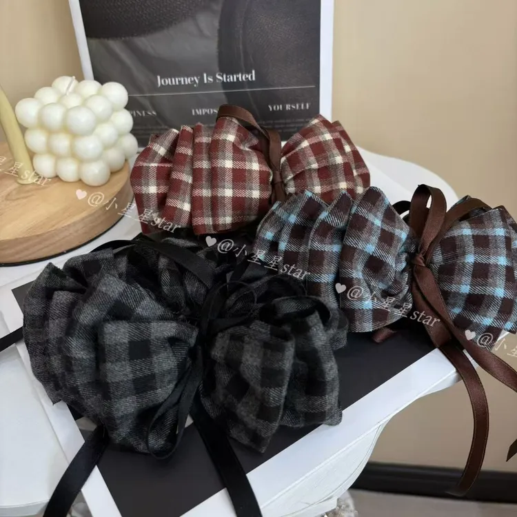 韩系格子蝴蝶结香蕉夹2025新款飘带款高低马尾竖夹一字横夹