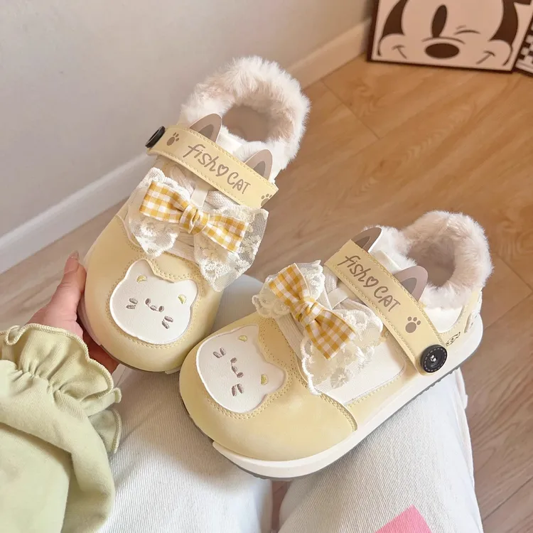 小白熊加绒保暖棉鞋女款2025新款大头面包鞋百搭厚底小白鞋休闲