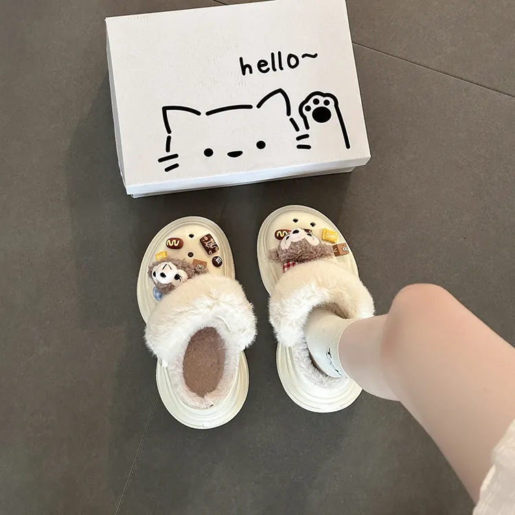 可爱卡通雪莉玫毛毛两穿洞洞鞋女2025秋冬外穿厚底包头拖鞋棉拖鞋