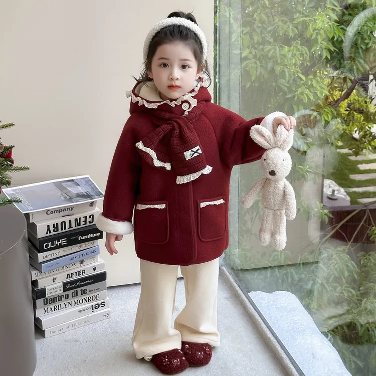 女童外套加绒加厚秋冬中长款2025新款时尚洋气儿童女宝宝毛呢大衣