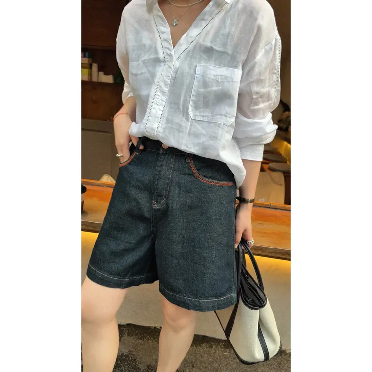 苏安家“超瘦牛仔短裤” 特种机复古刺绣提花 青金蓝高腰牛仔短裤