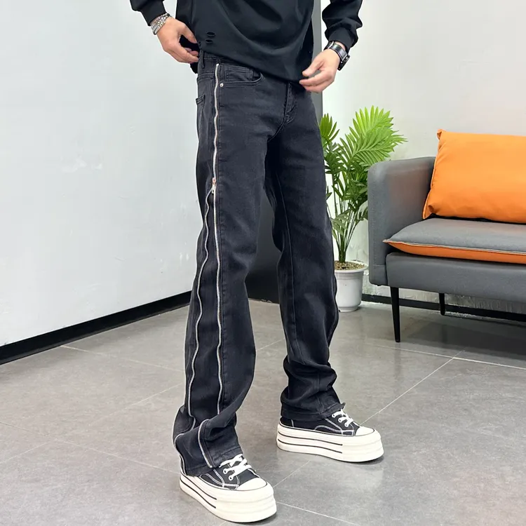 美式高街侧边拉链设计弹力碳灰色牛仔裤男冬季新款时尚小直筒长裤