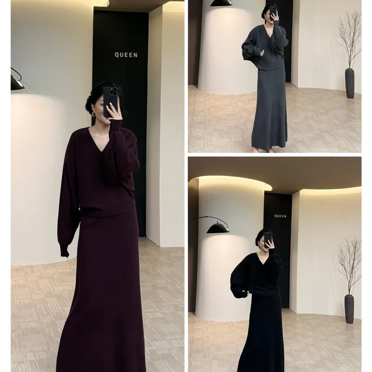 美丽定制极简气质V领蝙蝠袖套裙160斤以内（82237）