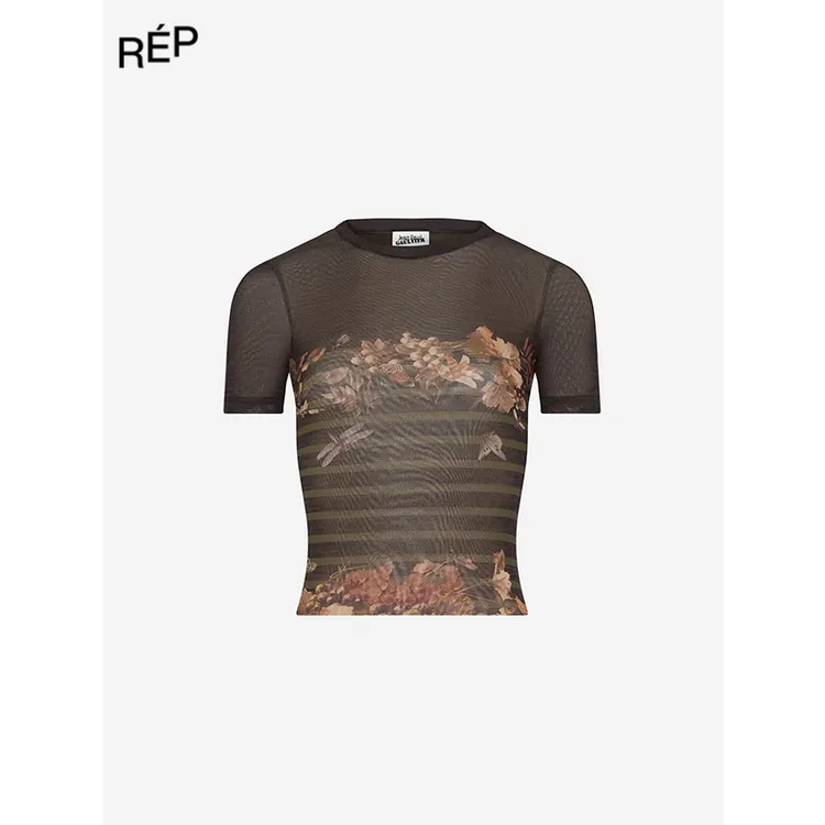 JEAN PAUL GAULTIER设计师品牌卡其花卉条纹印花短袖 26PS  NO退