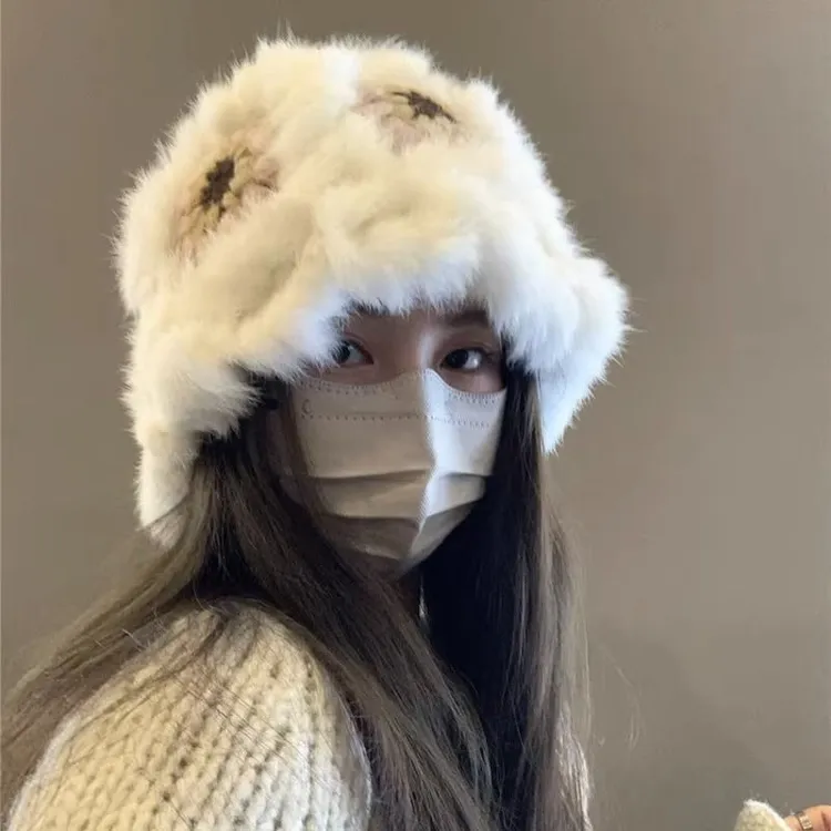 兔毛毛绒帽子女秋冬可爱毛绒保暖国风醒狮帽编织显脸小时尚针织帽