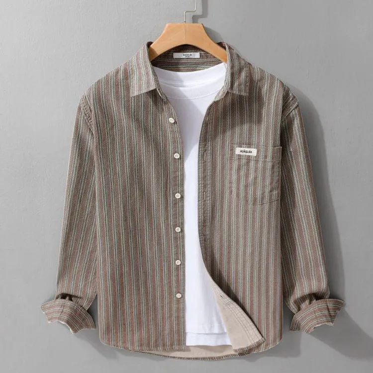 条纹衬衣新款长袖上衣外套短袖衬衫潮流复古潮男装男士秋季日系