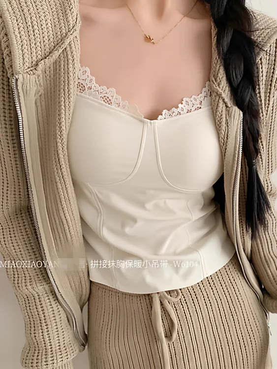 2025秋冬新款保暖磨毛德绒蕾丝吊带背心女内搭带胸垫打底外穿上衣