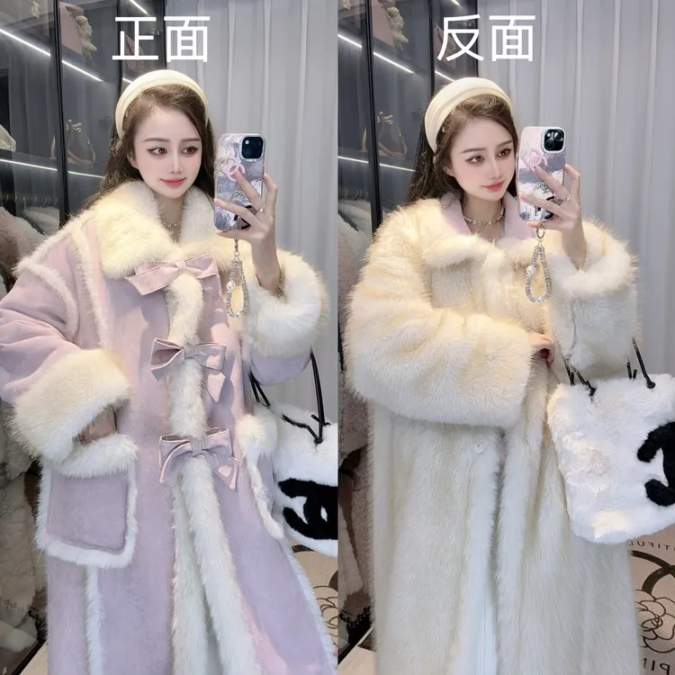 2025秋冬新款高级气质流行蝴蝶结加厚加绒宽松轻奢落肩袖毛毛大衣