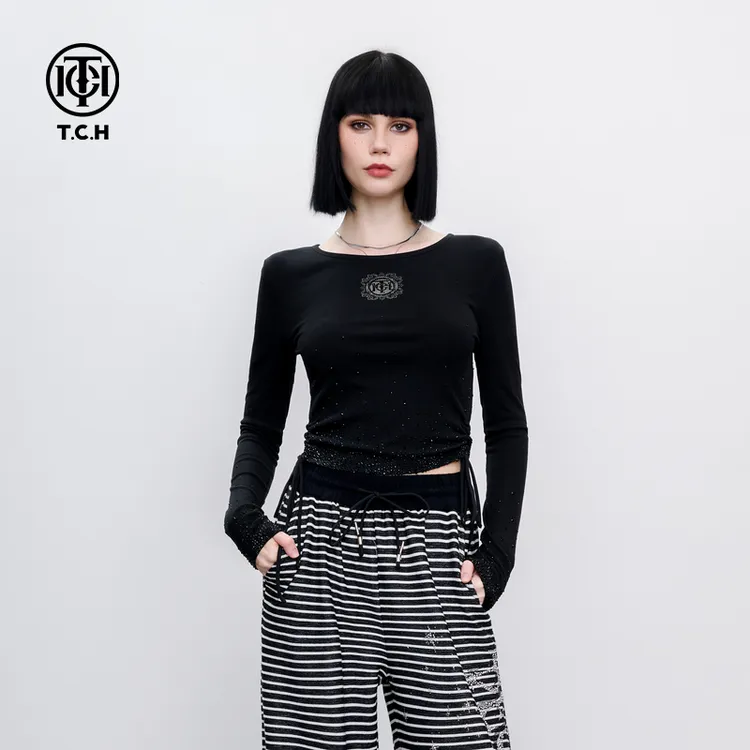 《店播专用》辣妹风闪钻修身显瘦内搭长袖T恤打底衫女2025春夏新款