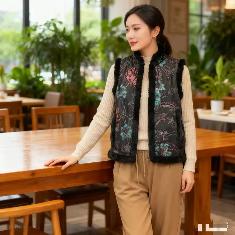 中式复古印花双面雪兰貂马甲AH