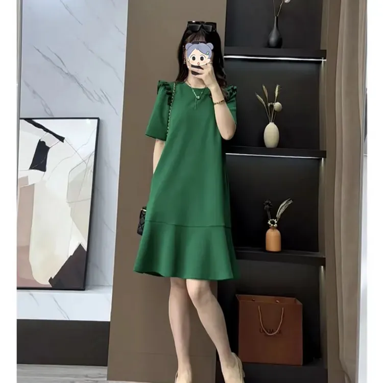 欧货鱼尾裙子2025新款夏季大码微胖显瘦遮肉中长款洋气短袖连衣裙