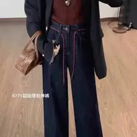 美美推荐1199秋新款丹宁色抽绳高腰阔腿牛仔裤（裤长102左右）
