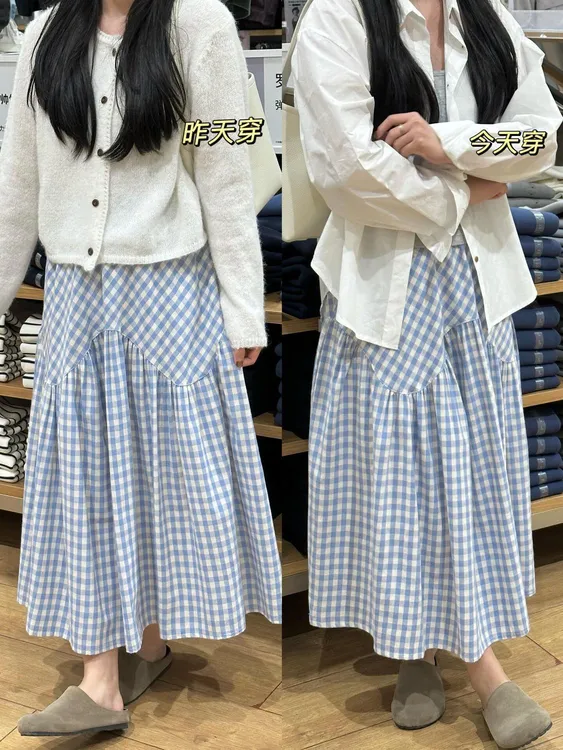 格子高腰大摆A字半身裙女2025新款百搭显瘦休闲长裙子春夏