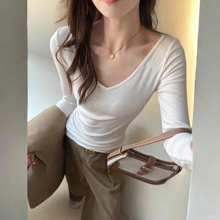 灰色打底衫女内搭V大正肩天丝百搭螺纹秋冬长袖修身领法式上衣t恤