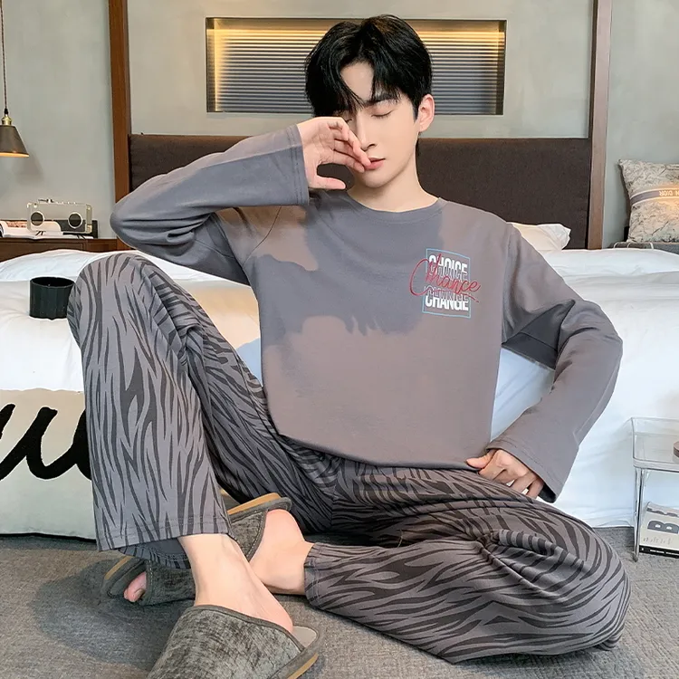 6403新款春秋双面纯棉男士睡衣套装长袖长裤秋季套头男家居服