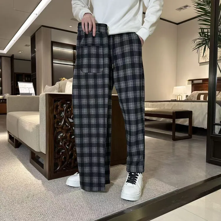 格子冬季经典休闲裤男裤子男士格子直筒裤长裤潮流百搭宽松格子裤