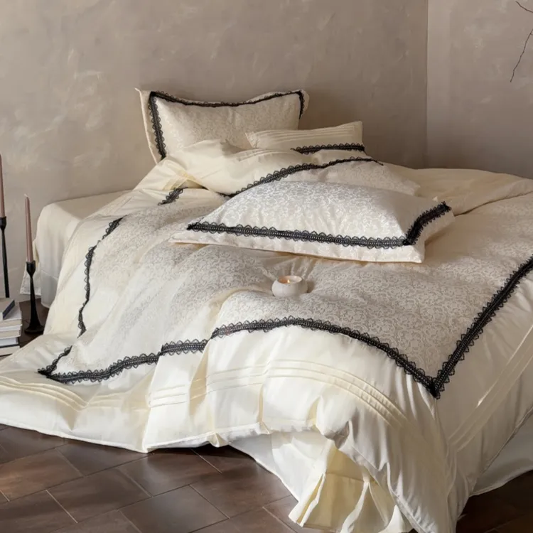 法式奶油风高级轻奢提花纯棉长绒棉四件套全棉贡缎被套床单蕾丝边