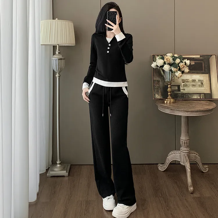 高含棉休闲减龄运动套装女2025年春秋新款假两件上衣直筒裤两件套