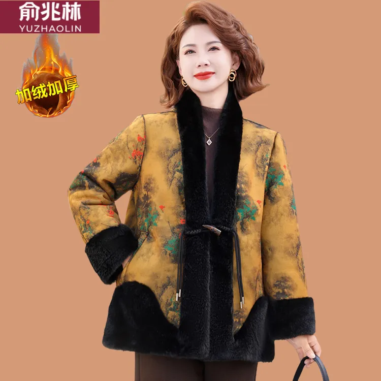 俞兆林新中式妈妈冬装外套双面穿毛呢上衣服中老年阔太太气质仿貂