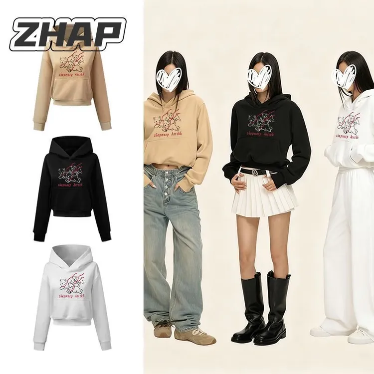 【ZHAP】新款重磅连帽短款卫衣女秋冬新款趣味卡通小狗印花通勤上衣