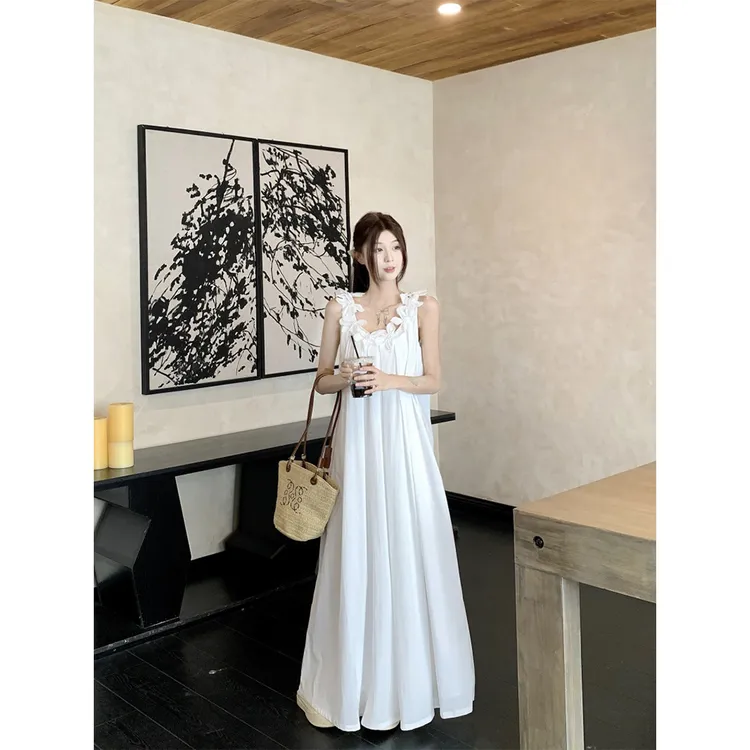 【苏黎白月光】立体花朵白色连衣裙女夏无袖吊带裙子21263