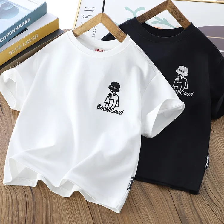 小孩男童百搭短袖T恤夏季儿童刺绣宽松t上衣中大童休闲洋气圆领衫