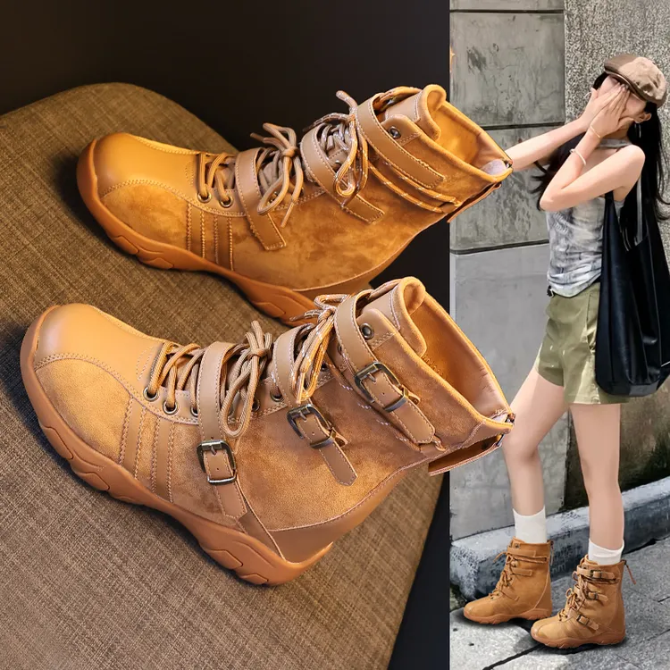 8090-5厚底内增高时尚皮带扣马丁靴子女2025秋季新款松糕软底短靴