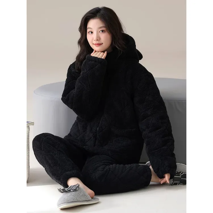 高档三层夹棉睡衣女冬2025年新款珊瑚绒加厚连帽家居服套装秋冬季