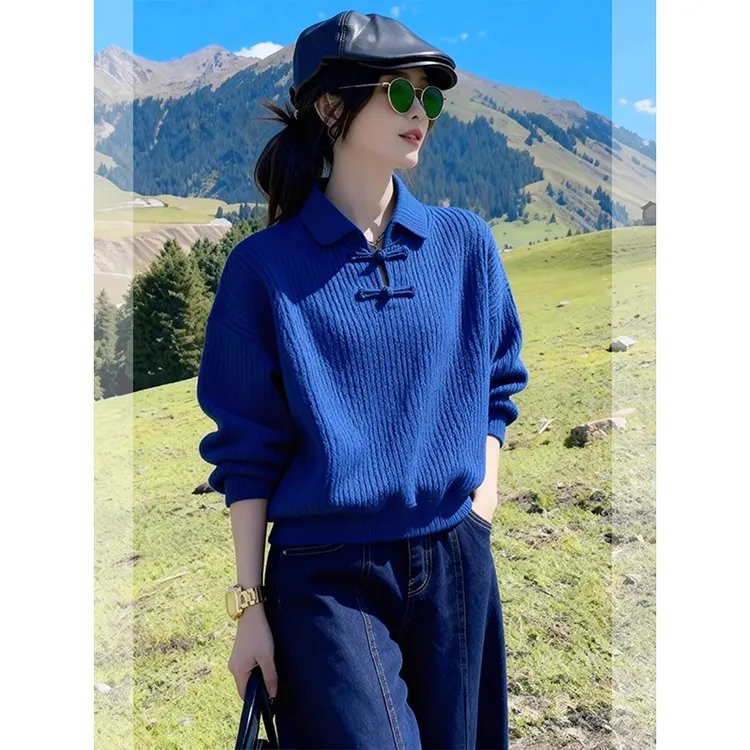 新中式国风克莱因蓝翻领毛衣慵懒高级感巨好看秋冬时尚百搭针织衫