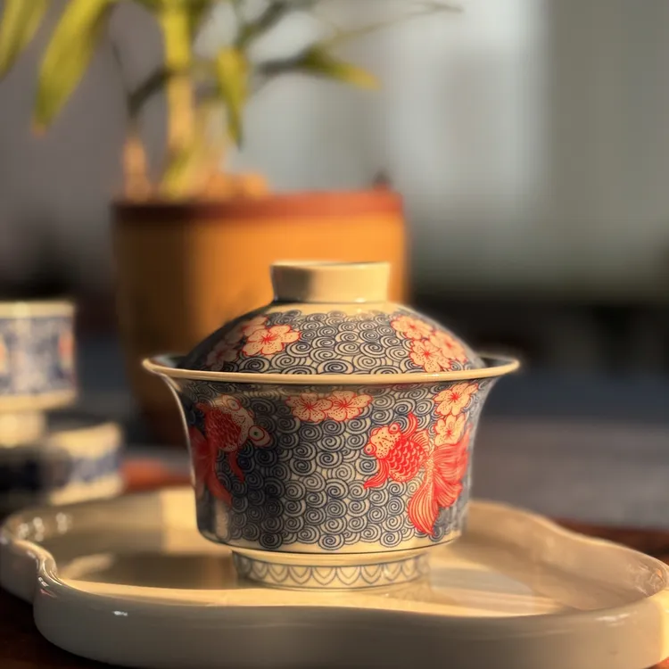 焱匠怀古柴窑金鱼梅花盖碗